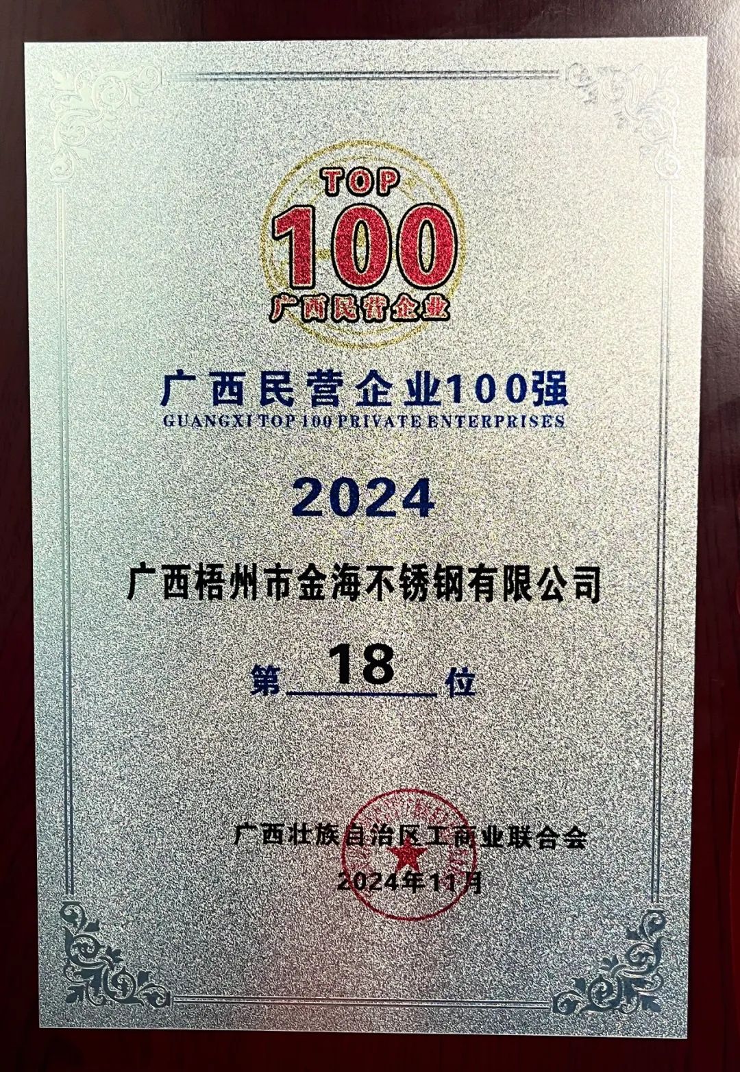 喜报｜热烈祝贺金海不锈钢荣登2024年广西民营企业“双百强”榜单！_广东金；；；；Ｑだ眉庞邢薰 - 不锈钢 - 商业 - 物流